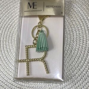 Monogram Letter R Gold Keychain with Green Tassel